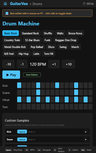 Step sequencer drum machine with 18 patterns