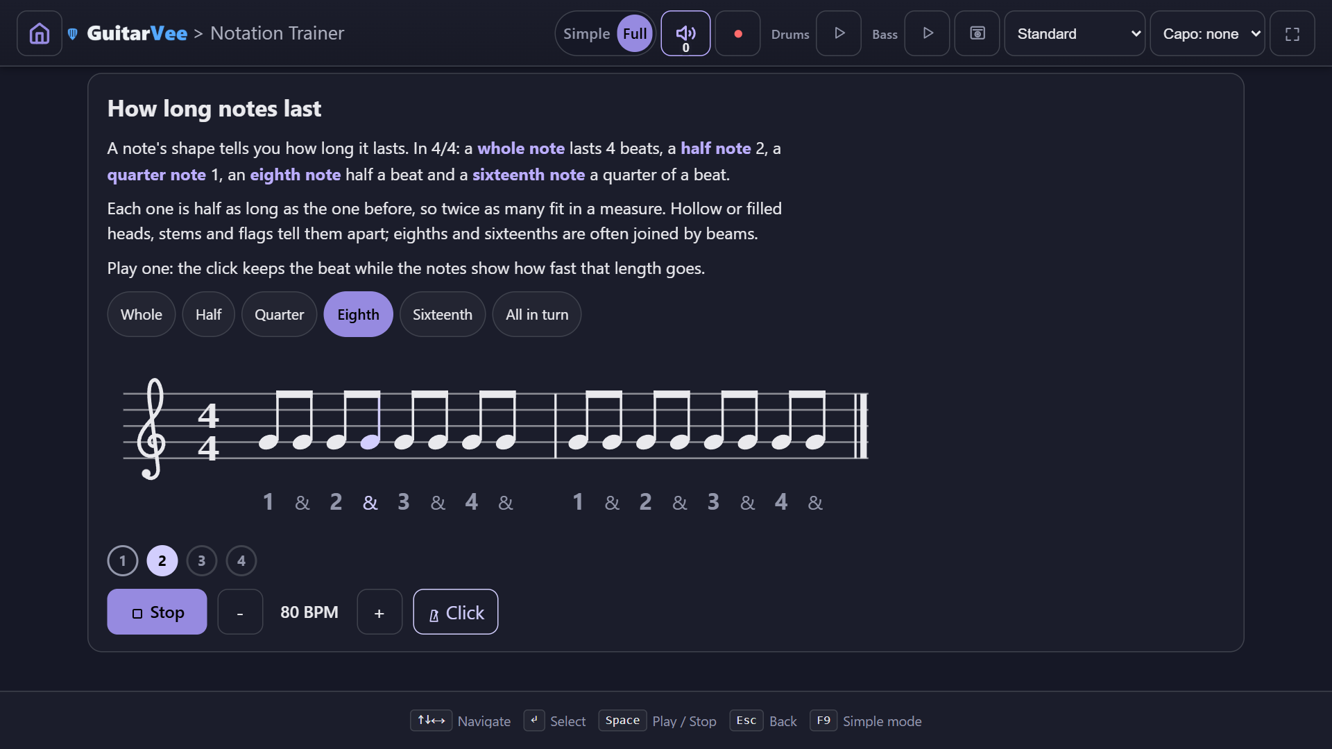 The Notation Trainer lesson How long notes last, playing eighth notes in 4/4 at 80 BPM: two measures of beamed eighths with one lit, the count row 1 and 2 and with the current count lit, beat dots 1 to 4 with beat 2 lit, and Stop, tempo and Click controls