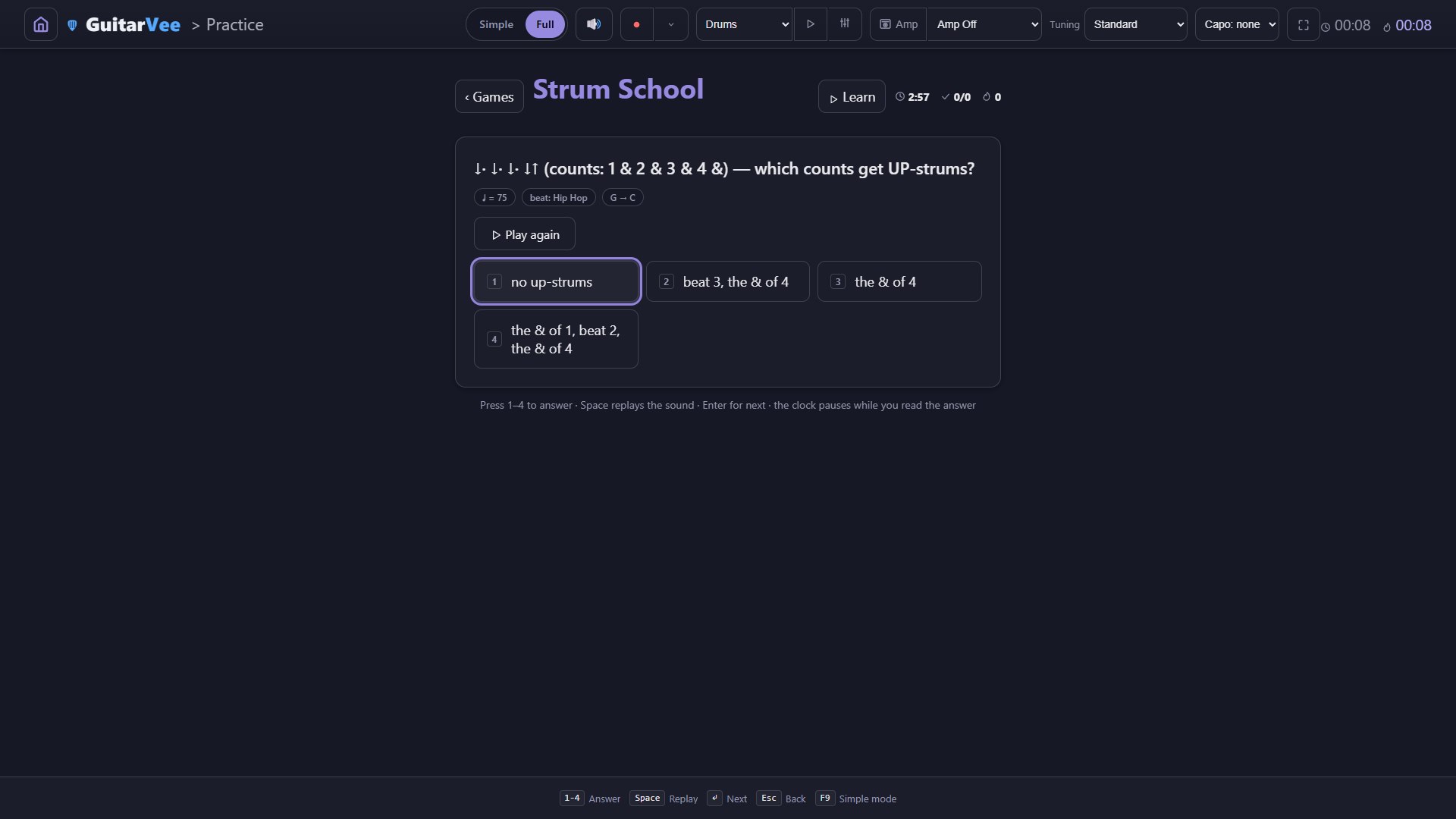 Strum School quiz — a strummed bar over a Hip Hop beat at 75 BPM, G to C, the question 'which counts get UP-strums?', a Play again button, and four answer cards naming the counts