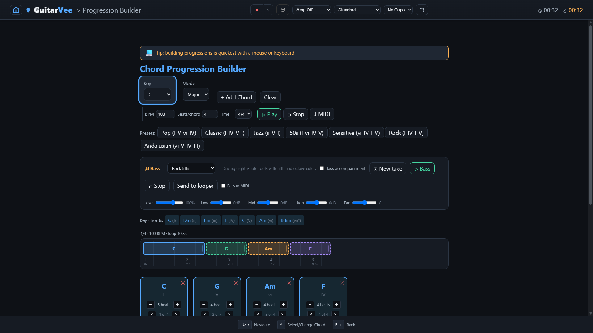 Progression Builder — beat map timeline with colored chord blocks, per-chord beat steppers, and the bass channel strip
