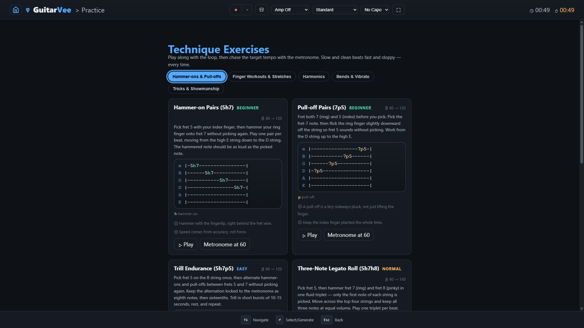 Technique exercise — tablature with hammer-ons, pull-offs and bends written inline, each technique in its own color