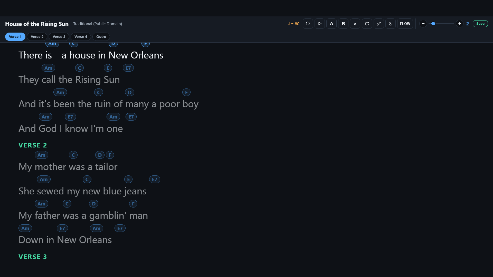 Perform Flow view — proportional lyrics with chord chips anchored above their syllables, section pills, and the transport bar